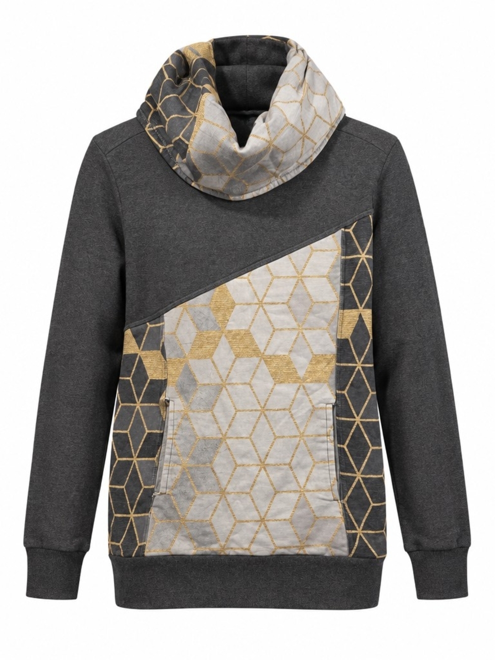 Women's Charcoal Grey Cowl Neck Sweater with Gold Geometric Panels